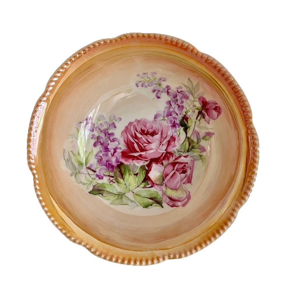 Vintage German Bavaria Lusterware Bowl Serving Dish w/Roses 8-1/5" Orange Pink